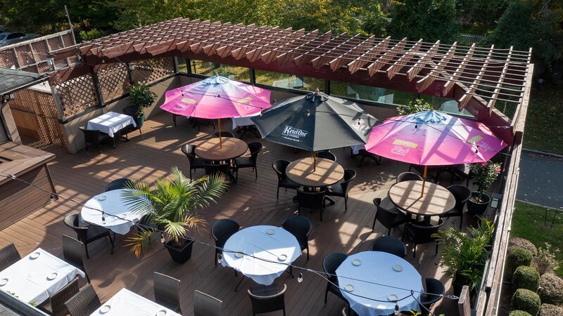 Aerial view of outdoor patio seating area