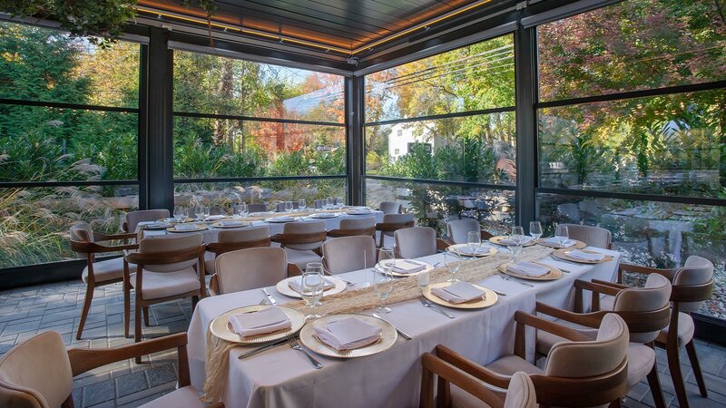 Long tables in Garden Room with view of outside - Sear House - Gallery Photo 3 Long tables in Garden Room with view of outside